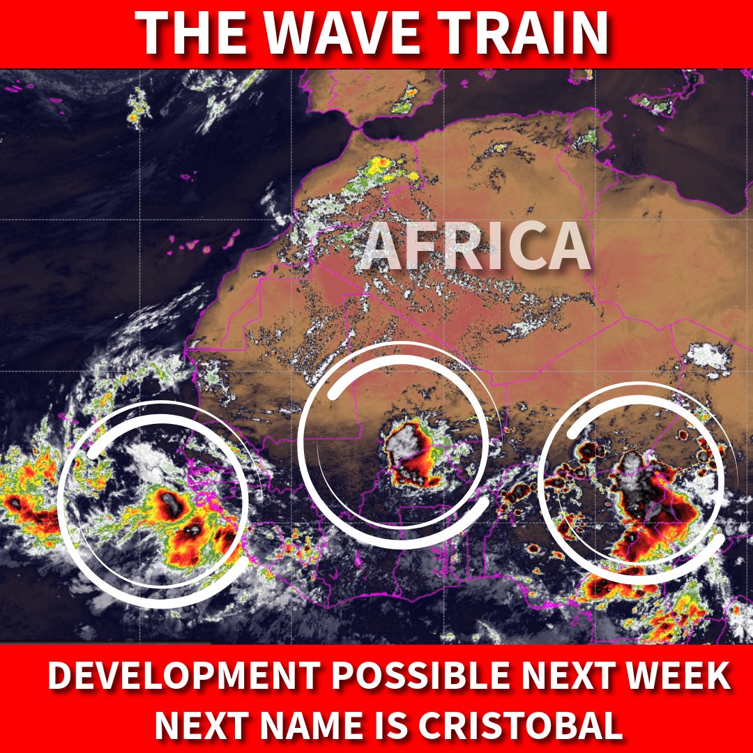 DylanFedericoWX's tweet photo. THE WAVE TRAIN is cranking up over Africa which is a sign that the peak of the hurricane season is near. I’m seeing signs that one or two of these waves will try to develop in the tropical Atlantic next week. I’m not concerned long-term as strong wind shear is screaming across the Caribbean and SW Atlantic, which will tear whatever tries to develop to shreds. Thank you, Super El Niño! We can’t let our guard down for an unlucky punch — Andrew and Betsy were during El Niño years. Next name on the list is #Cristobal. 🌀🚂