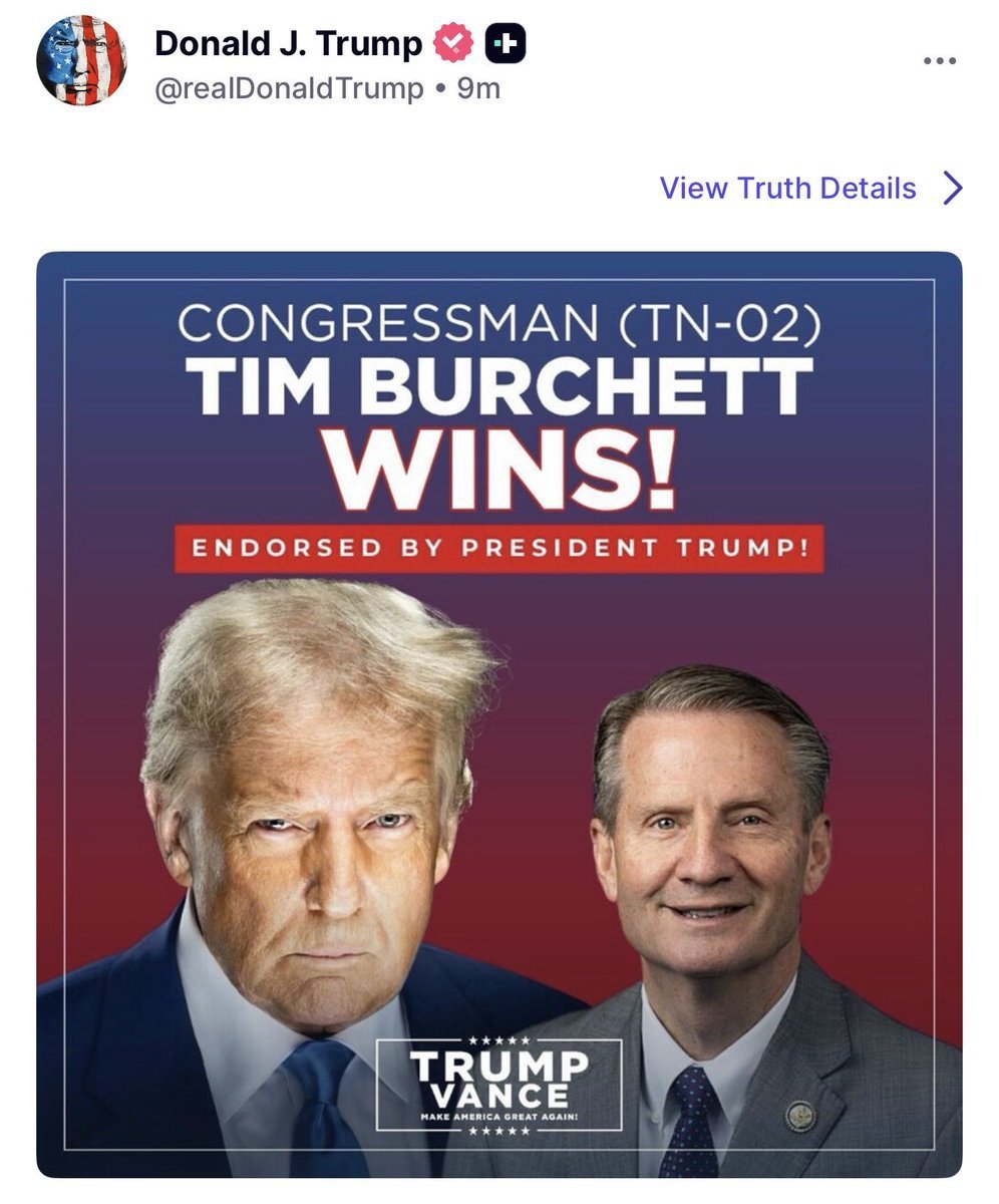 LadyMelaniuqgl's tweet photo. BREAKING: President Trump just posted a HUGE Win tonight: Trump ENDORSED Tim Burchett wins

ANOTHER MASSIVE WIN FOR AMERICA https://t.co/qdn7zKNpbl