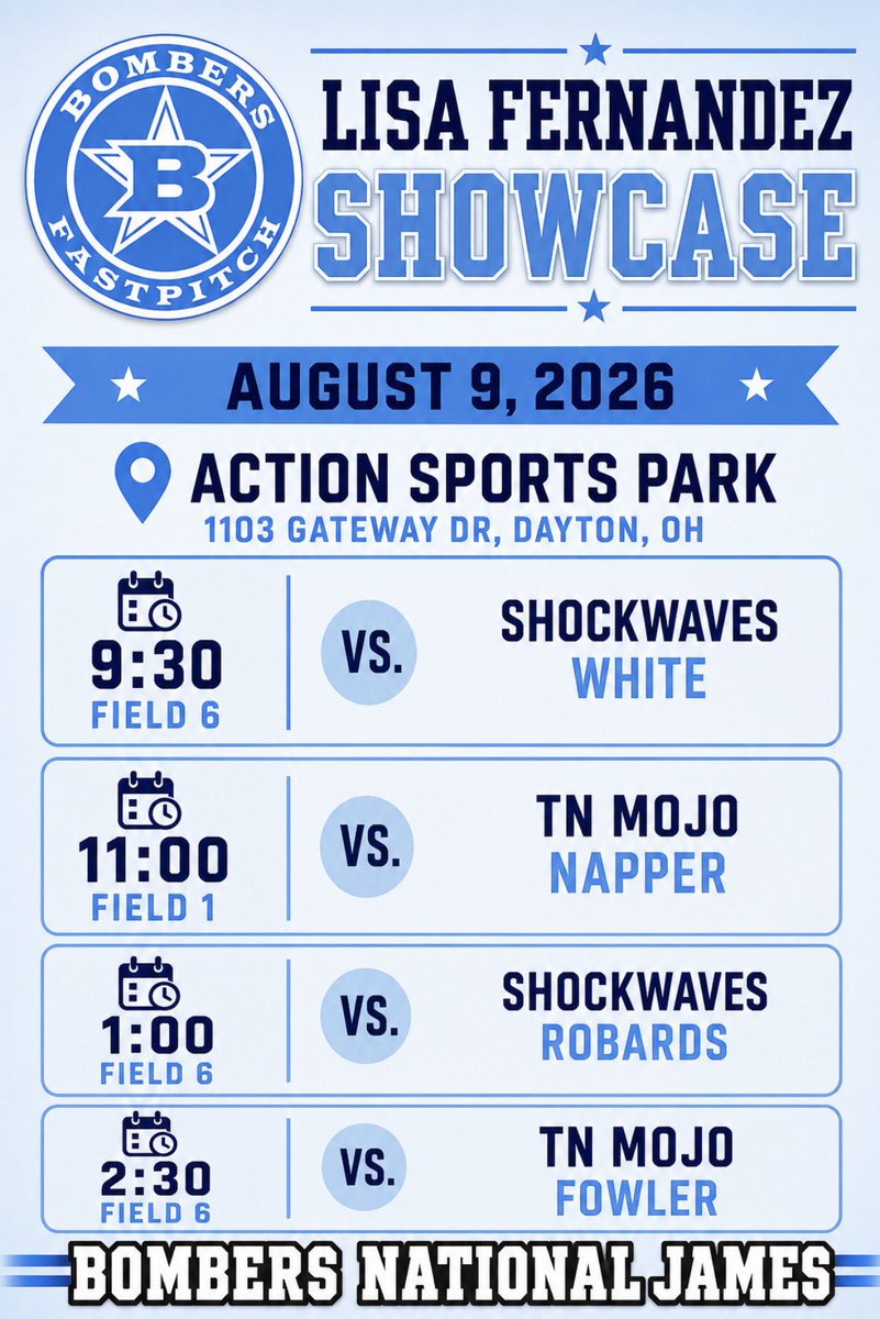 AFera2028's tweet photo. Updated schedule for the Lisa Fernandez Showcase this Sunday!  @Bombers2010J 

@WMUSoftball @marleewilson  @Coach_Mogan @CoachErikaWhitt  @OhioBobcatSB @Paige_McMenemy @avrey_steiner @Hall_J_4 @IlliniSB @PiperSwiper  @PurdueSoftball @lucasgarrdner @CoachMFrezzotti @CoachWallace29 @DloweOilerkid @AnnikaGels @UFOilerSoftball 
@CoachPena_BSU @BallStateSB  @MiamiOH_SB @mandygardner24 @livforshey @nix131313 @ZipsSB @ZipsCoachZ @UBuffaloSB @PlimptonChelsea @Steph_Roan6 @FlyerSoftball @ButlerSoftball @BUsoftballcoach @CoachMalWinters @HerdSB @DrewCalloway6 @mzerkleee @LATechSB @TKrobetzky @la_techSBCoachT @CoastRecruits @ExtraInningSB @LineDsoftball 
@FootDoctor_Esia