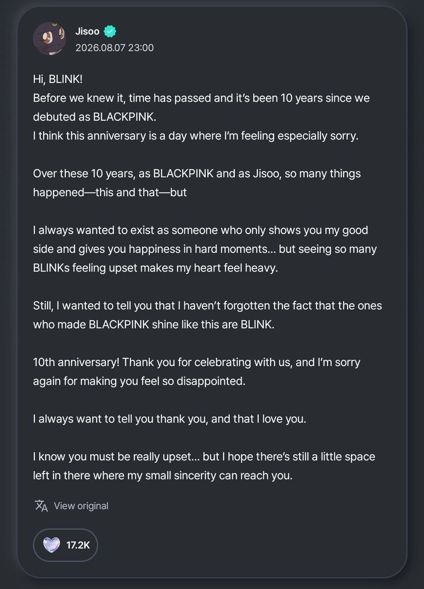 TheePopCore's tweet photo. BLACKPINK’s JISOO shared a personal anniversary message to fans (BLINKs) via Bubble.

"Still, I wanted to tell you that I haven't forgotten the fact that the ones who made BLACKPINK shine like this are BLINK." https://t.co/5nTDgeTatq