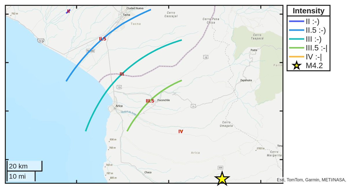 SismoDetector's tweet photo. Mapa de intensidad del #sismo M4.2 ocurrido a las 15:42:25 (UTC) con epicentro a 60 km de #Cuya, Chile. Descarga la app Sismo Detector desde https://t.co/jS9crK4Riw para recibir alertas en tiempo real en tu smartphone https://t.co/qAiaOg1dHD