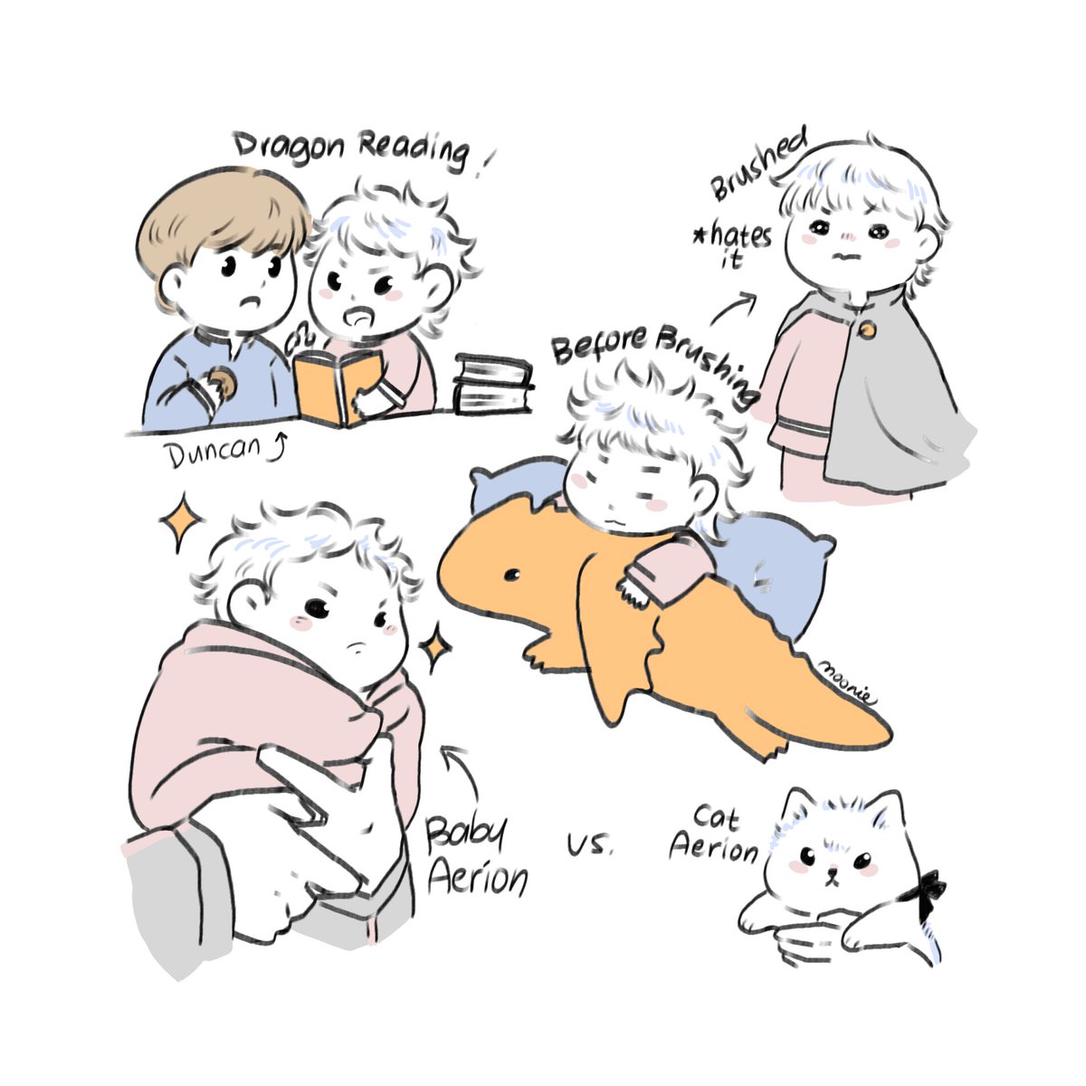 moonjiro08's tweet photo. #dunkaerion #akotsk
Childhood AU
Aerion &amp; his daily activities with Dunk the servant boy
They would eat snacks &amp; gossip on what's happening in Summerhall, of course Dragon reading!

*hates it when Maekar brushes down his dragon spikes(hair)
Baby Aerion also has a beef w/ a cat https://t.co/vOEk7aKvXh