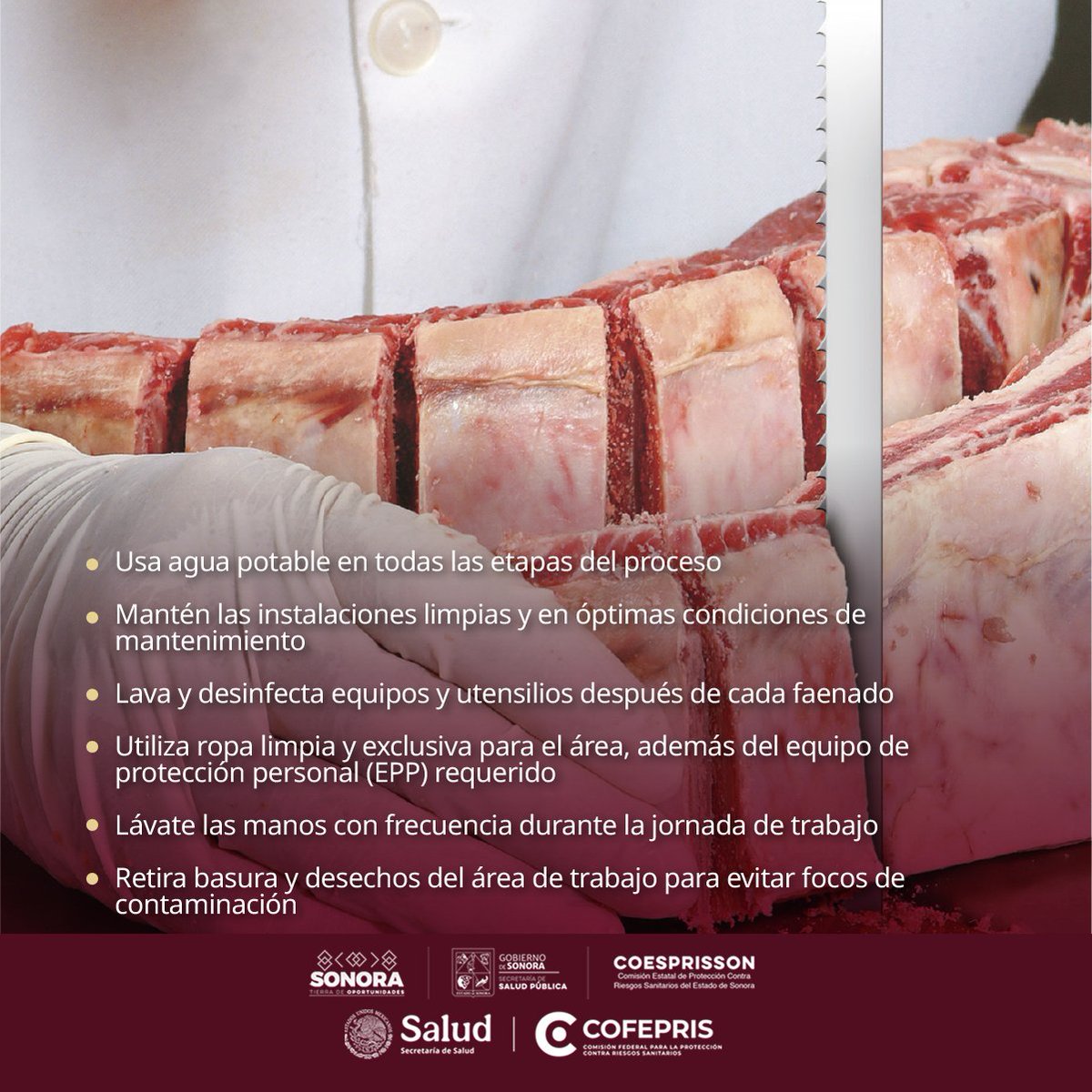 COESPRISSON's tweet photo. Durante los procesos de transformación, conservación y manipulación de productos cárnicos 🐂, es esencial cumplir con las condiciones higiénicas adecuadas. Esto permite prevenir enfermedades transmitidas por alimentos.
#CofeprisCuidaTuSalud #AlimentosInocuos #COESPRISSON https://t.co/B20EwdpORr