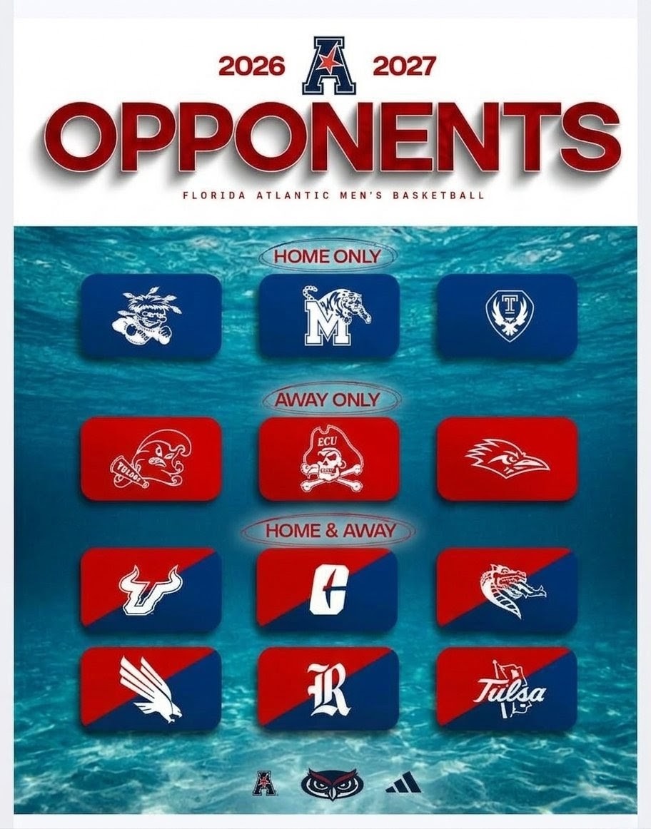 FAU_Owls_Nest's tweet photo. And here are the pairings for @FAUMBB for the 26-27 @American_Conf slate. Of note the Owls will not take on #Memphis on the road this season and will only face the tigers at The Elly. #FAU 🏀 https://t.co/O7gzWTFxQs