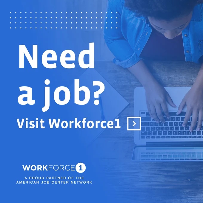 Person typing on a laptop with text encouraging job seekers to visit Workforce1 for employment opportunities.
