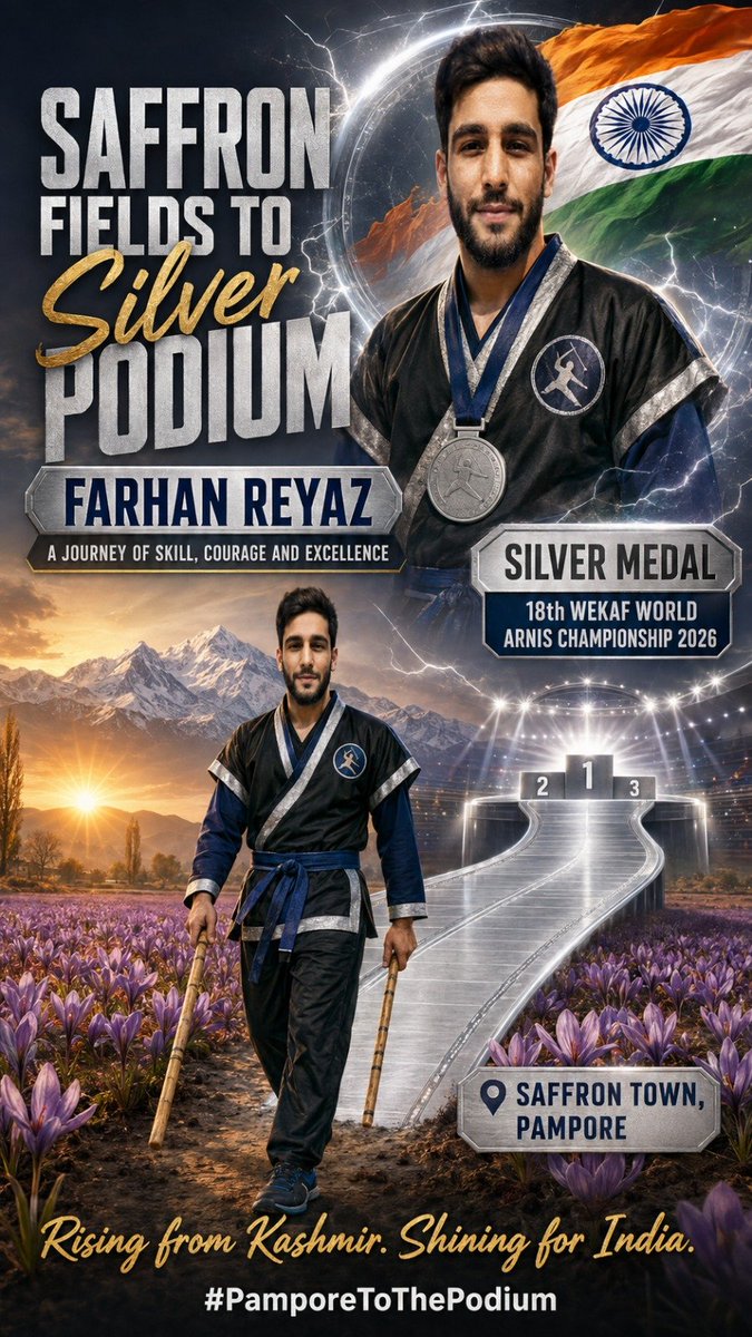 Iqbalkhan4595's tweet photo. Farhan Reyaz earns World Championship silver, proving Kashmir's talent and determination shine proudly on the global stage.#FarhanReyaz #SilverMedalist #WEKAF2026 #ArnisChampionship #KashmirPride #Pampore #TeamIndia #IndianSports #WorldChampion #RisingStar #PamporeToThePodium https://t.co/l8WG5kaI2b