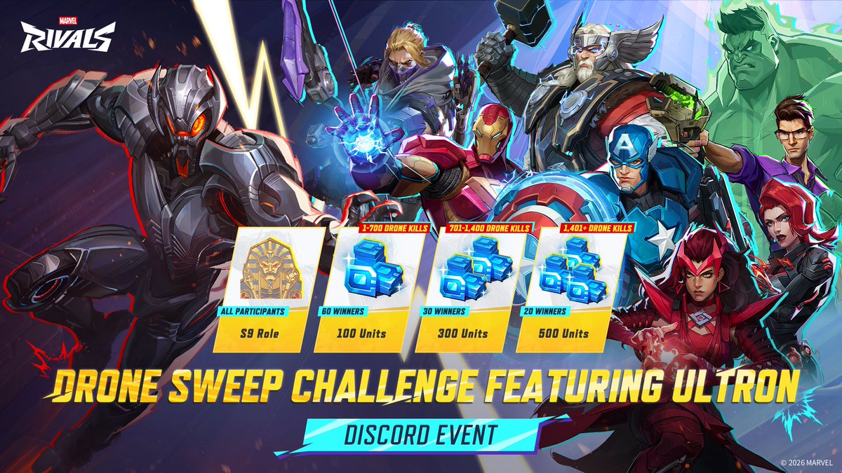 MarvelRivals's tweet photo. DRONE SWEEP CHALLENGE: ULTRON IS ON THE ATTACK! 🤖

Ultron’s drone army is swarm-leveling the battlefield, and it’s up to you to shut them down! Join the Drone Sweep Challenge on Discord, clear the skies, and fight your way to epic loot. The more drones you take down, the bigger your prize pool gets!

From August 6th to August 13th, gear up, wipe out the swarm, and claim your rewards!
Step 1: Join the community: https://t.co/f8RGy59LEX
Step 2: Join the Event: Link: https://t.co/KE1AaLi5XD  

Assemble your team, purge the swarm, and claim your victory!