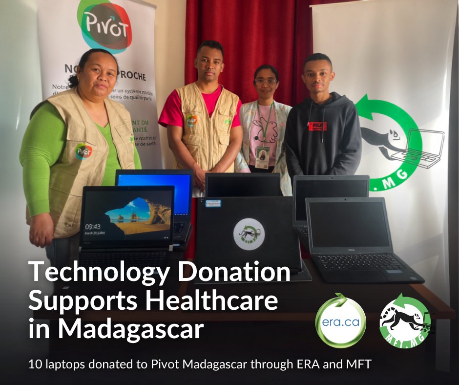 DonateRecycleIT's tweet photo. Technology Donation Supports Healthcare in Madagascar

MFT, in collaboration with ERA, donated 10 laptops to Pivot Madagascar to support data management, communication, staff training, and healthcare programs in rural communities.

This donation gives technology a second life while strengthening digital inclusion and access to essential services.

Learn more: https://t.co/kBqaoM4wmA

#ERA #MFT #PivotMadagascar #TechForGood #DigitalInclusion #TechnologyDonation #Sustainability