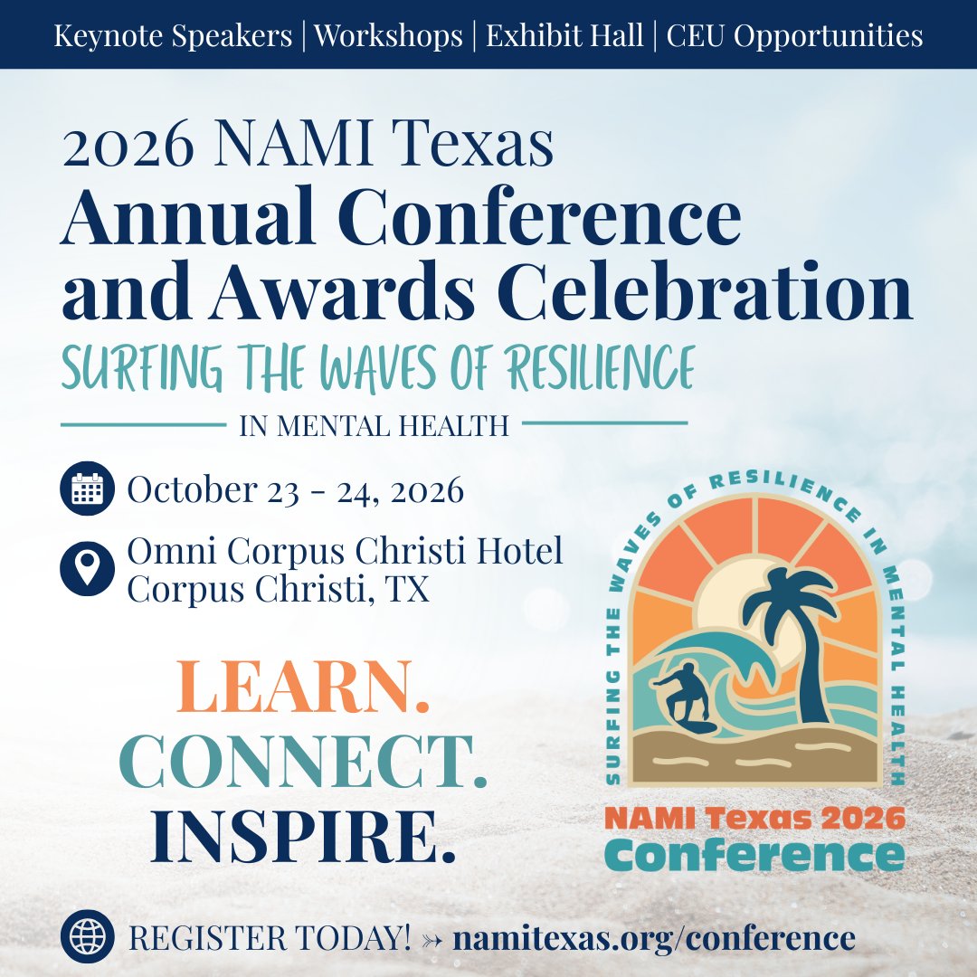 NAMITexas's tweet photo. 🌊 Join advocates, peers, families, professionals, educators, and community leaders from across Texas at the 2026 NAMI Texas Annual Conference &amp; Awards Celebration!

📅 Oct. 23–24, 2026
📍 Corpus Christi, TX
📲Secure your spot today at https://t.co/29nGHPDwRK https://t.co/i9Lkh0vggQ