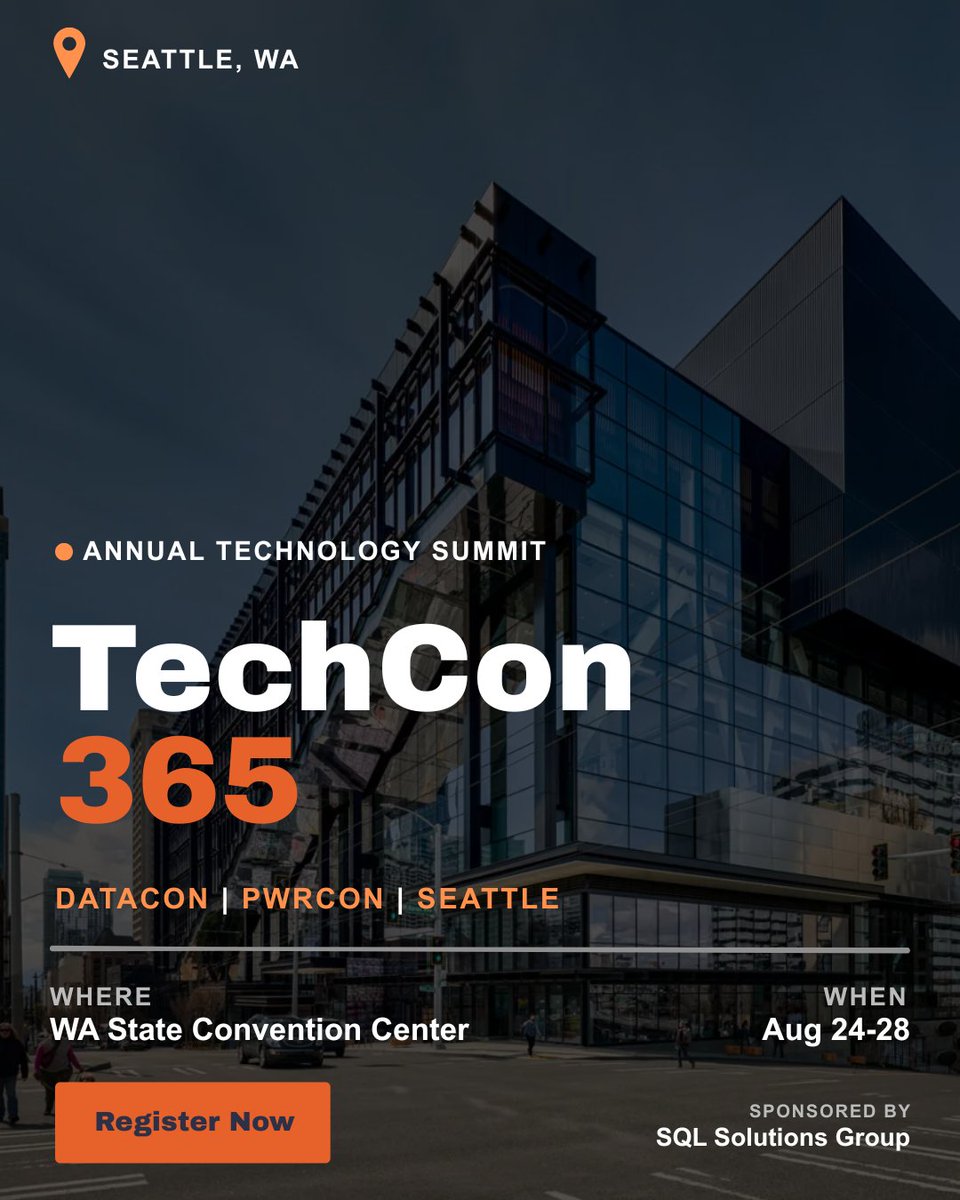 SQLGroup's tweet photo. SQL Solutions Group is sponsoring at exhibiting at the Seattle TechCon 365 | DATACON | PWRCON event. Stop by and see us!

Registration link: https://t.co/R5RWZxy8qC

 #sqlevent #sqlfam #coding #sqlserverevent #sql #datacon #techcon365 #seattletechcon https://t.co/muD6u5PCaG