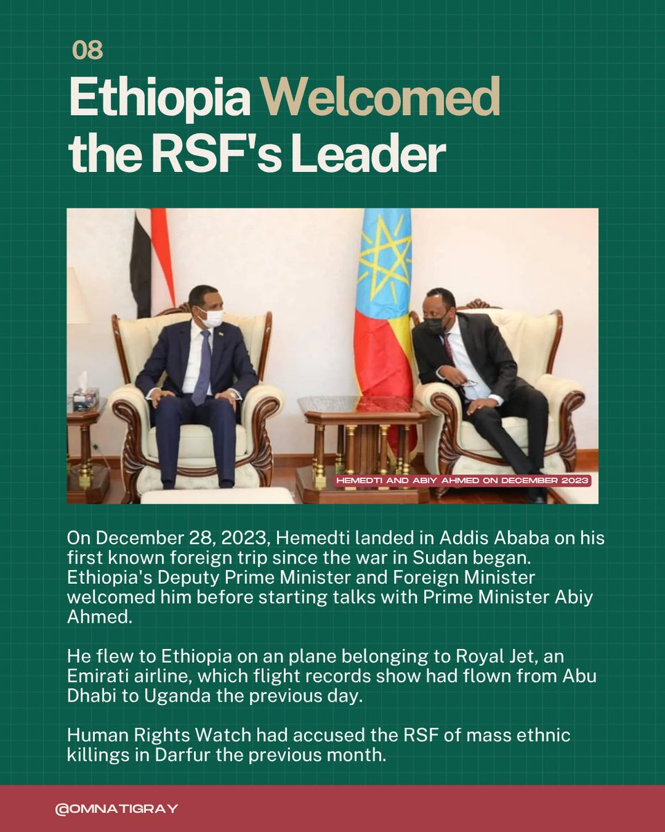OmnaTigray's tweet photo. In its partnership with #UAE, #Ethiopia has also supported the #RSF:
▪️Reuters, Feb 2026: a camp near Menge, Ethiopia training thousands of RSF fighters. 
▪️Yale HRL, April 2026: an Ethiopian army base at Asosa aiding the RSF,
 ▪️Attacks on Sudan’s Blue Nile launched from Ethiopian soil.