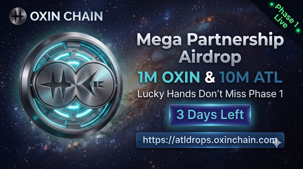 oxinchain's tweet photo. 🚀 @Oxinchain  ×  @Ai_TL_official PARTNERSHIP MEGA AIRDROP. ⏳Phase 1 ends in just 3 DAYS! A lucky hand never misses an opportunity like this!

              CLAIM INSTANTLY
🌐 Go to: https://t.co/mGC0n6ULqc

⏰ COUNTDOWN ALERT:
💰 Claim: Instant $ATL & $OXIN to your wallet!
🔥 Hurry up! Claim maximum rewards before Phase 1 ends!
⏳ Phase 1 ends in just 3 DAYS! A lucky hand never misses an opportunity like this!

📊 REWARD POOL BREAKDOWN
🌟 Phase 1 (CURRENT): 500 $ATL + 20$OXIN (HIGHEST REWARD - CLAIM NOW!
Phase 2: 300 $ATL + 12$OXIN (Rewards decreasing!)
🥉 Phase 3: 100 $ATL + 5$OXIN (Final Chance!)
💎 100% REAL MAINNET TOKENS! Direct to your wallet!

👥 @OxinCoin | @Ai_TL_official #OxinChain #AITL #Airdrop #CryptoNews #CryptoGiveaway #Blockchain