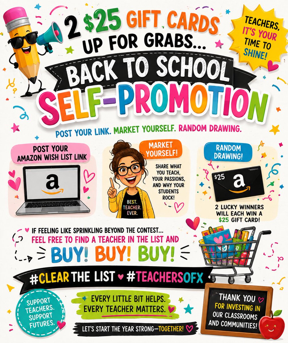 JohnGer24430535's tweet photo. 2 $25 gift cards up for grabs...

Back to school self-promotion.  Post your link. Market yourself.  Random drawing.  

If feeling like sprinkling beyond the contest - feel free to find a teacher in the list and buy! buy! buy!

God Bless.

#ClearTheList #TeachersOfX #BackToSchool https://t.co/J7UDwGjQzl