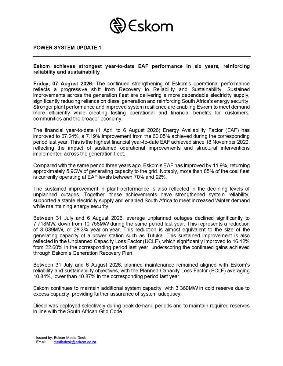 Eskom_SA's tweet photo. #EskomPowerSystemUpdate
Eskom Achieves Strongest Year-to-Date EAF Performance in Six Years, Reinforcing Reliability and Sustainability
The financial year-to-date Energy Availability Factor (EAF) has improved to 67.24%, up from 60.05% during the same period last year, marking the highest year-to-date performance since 18 November 2020.
Performance has also improved by 11.9% compared to three years ago, returning approximately 5.9 GW of generation capacity to the grid.
Notably, more than 85% of the coal fleet is currently operating at EAF levels between 70% and 92%.
📄 Read the Power System Update for more on Eskom's operational improvements and generation performance.
#Eskom #GenerationPerformance #EnergyAvailability #EskomAEF #OperationalExcellence ⚡
@DOEE_ZA @GovernmentZA