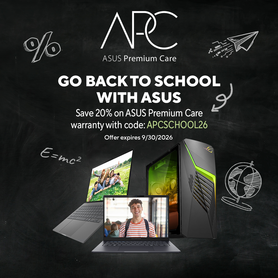 ASUSUSA's tweet photo. Head back to class with confidence.

From lectures and assignments to late-night study sessions, ASUS Premium Care helps keep your device protected when you need it most.

Save 20% off ASUS Premium Care
https://t.co/Z8KQPqVhUn
Use code: APCSCHOOL26

⏰ Offer expires 9/30 https://t.co/Hg3m64a15x