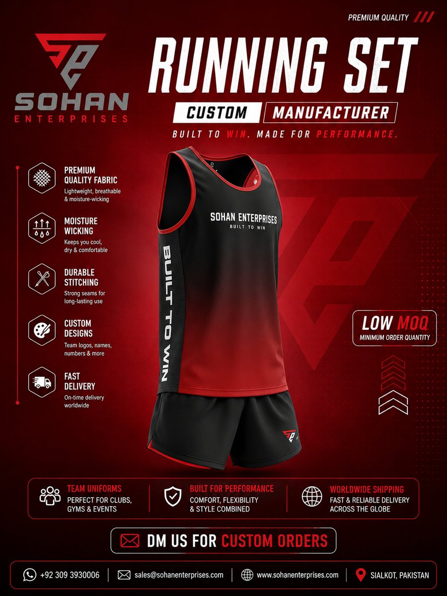 SohanEnterpris3's tweet photo. ๐ Custom Running Sets Made for Performance.
Lightweight โข Breathable โข Fully Customizable
For running clubs, teams & sports brands.
๐ฉ DM SOHAN ENTERPRISES for custom orders.
#CustomRunningSets #RunningClub #Teamwear #Sportswear https://t.co/cj5YfEIeDA