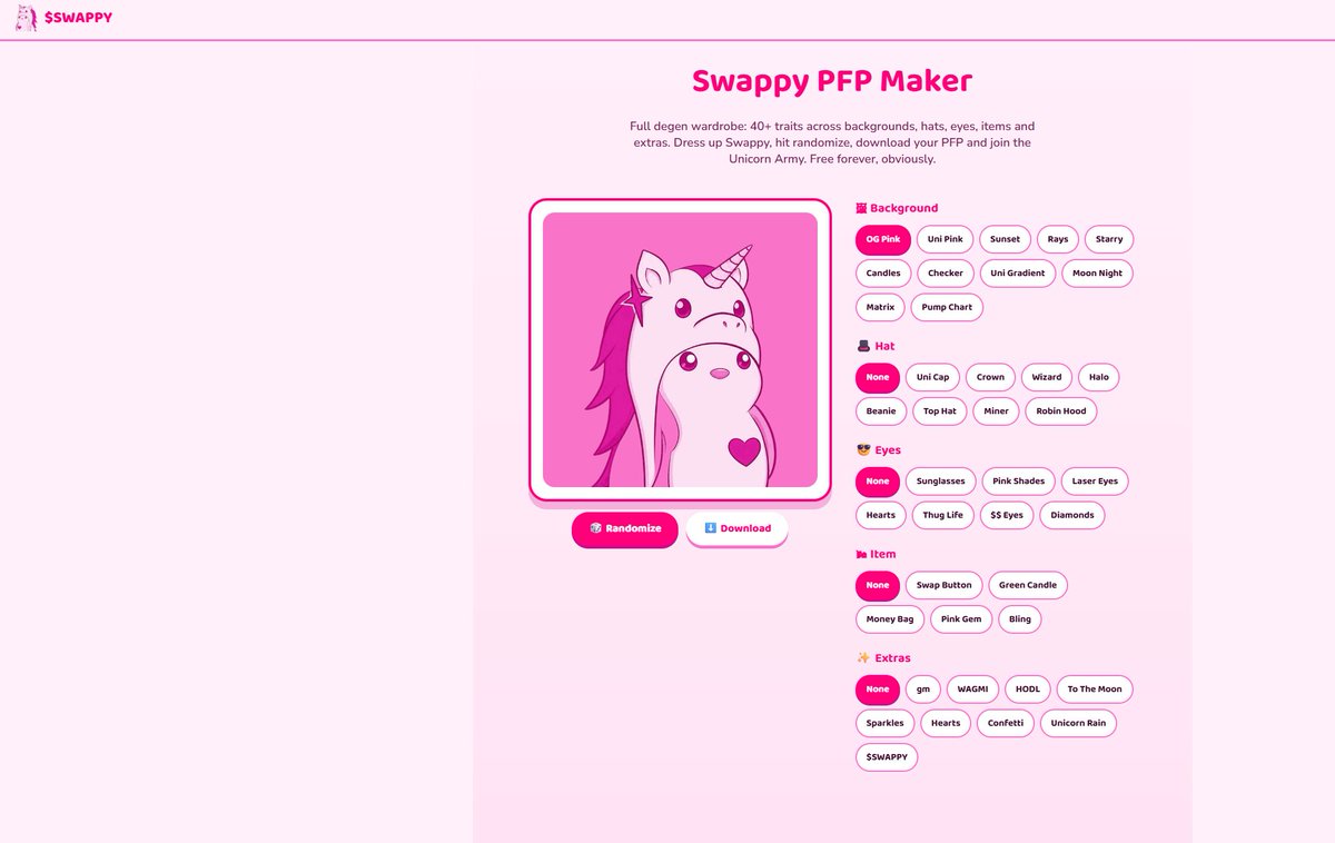 swappyonx's tweet photo. website is live 🦄
https://t.co/ov8kf9Pl93

made a pfp maker too. laser eyes, top hats, pump chart backgrounds… make your swappy and join the unicorn army

$SWAPPY https://t.co/kDzhkjK8o6