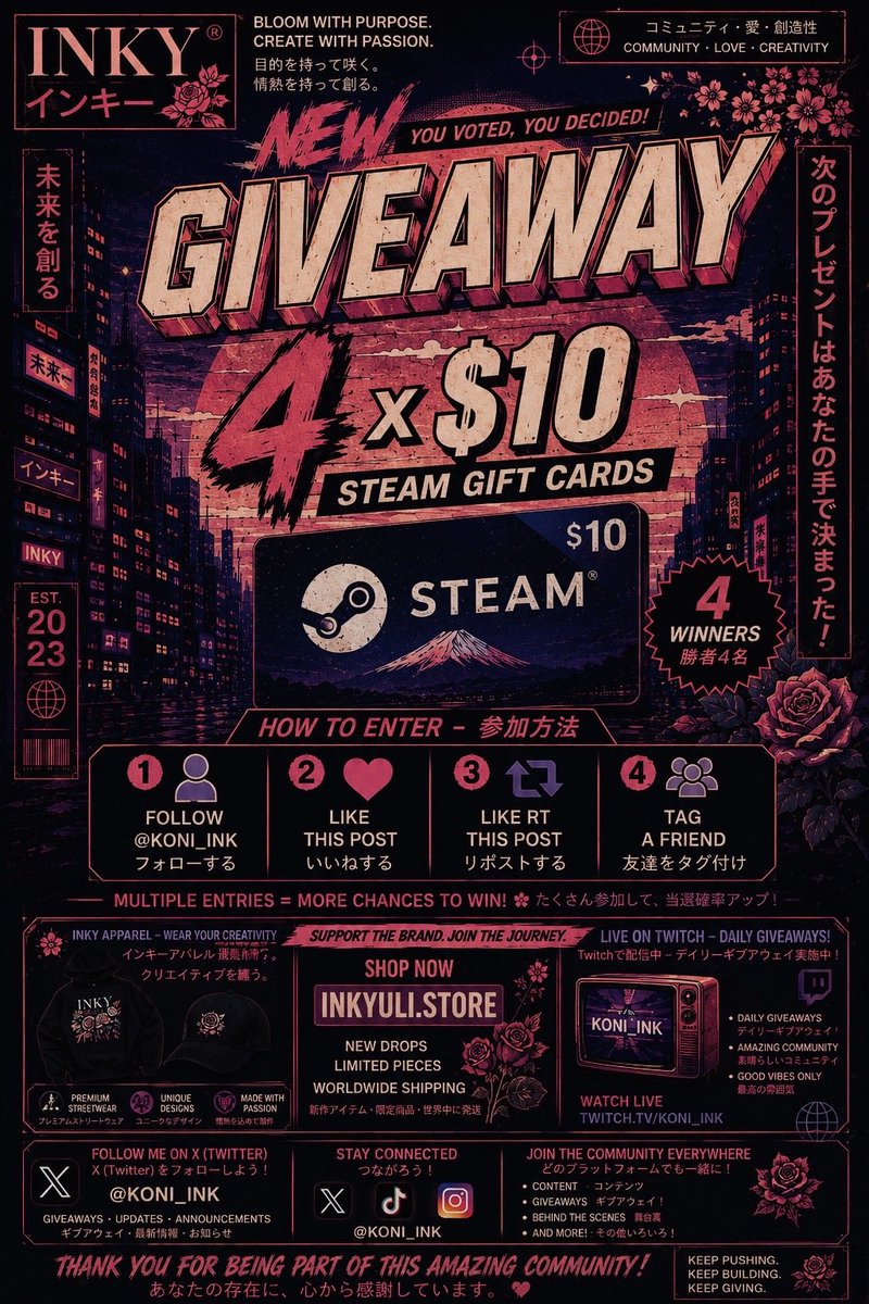 Koni_ink's tweet photo. 🎁 IT’S GIVEAWAY TIME! 🎁

You voted for it, so here we go… 🔥

🎮 4 × $10 STEAM GIFT CARDS
🏆 4 WINNERS — $10 EACH!

TO ENTER:
💜 Follow @Koni_ink
❤️ Like this post
🔁 RT this post
👥 Tag a friend

I’m grateful for every single person supporting this journey. The goal has always been bigger than giveaways — to build something together, give back whenever I can, and share a little love along the way. 🤍

“A generous heart gives freely, and what is given with love always finds its way back.” 🌹

🌸 SUPPORT INKY:
🛍️ Merch & new drops → https://t.co/EOial0tIRo
🟣 Twitch → https://t.co/gttXcyyHXp
🎁 Daily giveaways on every Twitch stream!
🐦 @Koni_ink → Giveaways, updates & everything we’re building.

Good luck everyone! 🍀🤍
Keep pushing. Keep building. Keep giving. 🌸