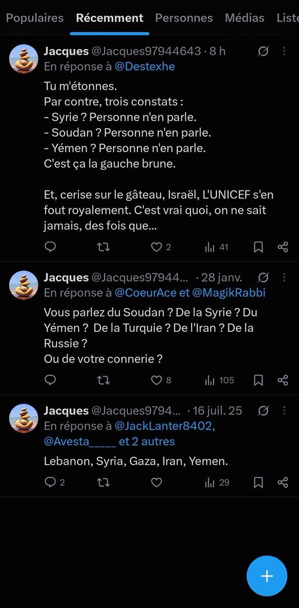 RobertDeMeuse's tweet photo. @Jacques97944643 @Destexhe Petit tour sur votre compte :
Vous ne parlez jamais de ces pays, sinon pour détourner l'attention de la Palestine.  
Par ailleurs, vous soutenez l'antisémite Erik Tegner. 
Vous êtes un bot d'extrême droite, Jacques https://t.co/8sPh5sSi9a