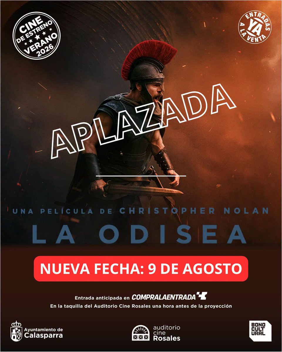 veronicadoval's tweet photo. Plan de cine de verano para la peli ⭐️ del Verano 2026
Cine de Verano 📽en #Calasparra norte #RegióndeMurcia 9 Agosto
LA ODISEA , un clásico de Homero. Troya, el viaje, Argos 🐾
No te la pierdas
#Caravaca #Cehegin #Letur #Socovos #Benizar #Moratalla #Cieza #Canara #Valentin https://t.co/OfqMJAyCJh