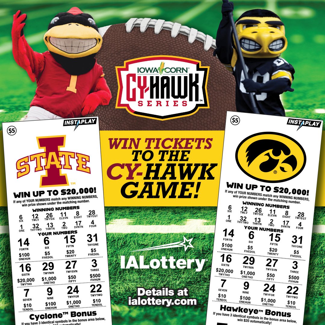ialottery's tweet photo. ⚫🟡 or ❤️💛?

Purchase an Iowa Hawkeyes™ or Iowa State Cyclones™ InstaPlay ticket for a chance to win up to $20,000. Enter eligible nonwinning tickets for a chance to win tickets to the Iowa Corn® Cy-Hawk Series™ game on Sept. 12!

https://t.co/bf1fX2AIsp https://t.co/lMnclqdtRO