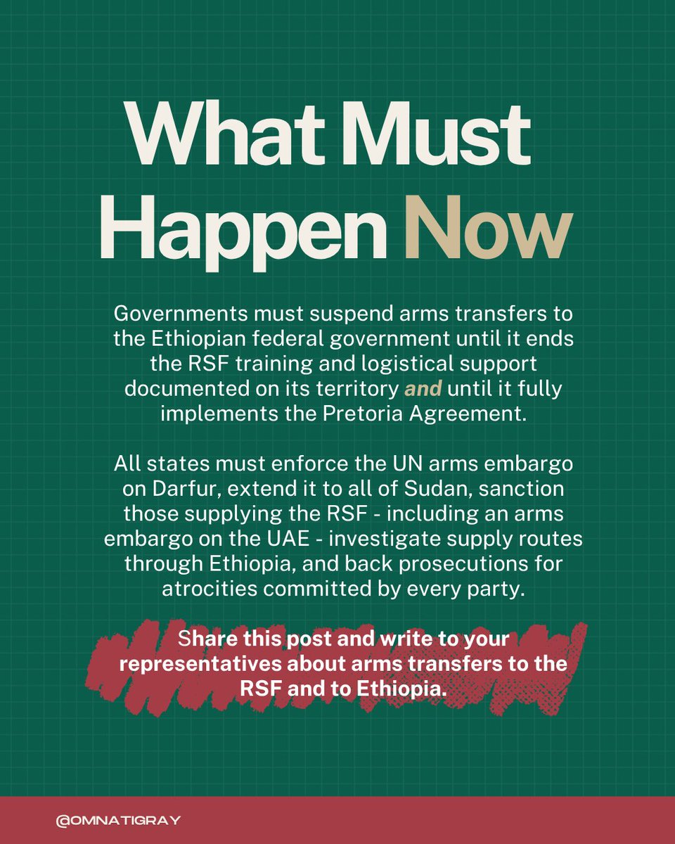 OmnaTigray's tweet photo. From #Tigray to #Darfur, the same two governments are implicated in genocide. Governments must suspend arms transfers to Ethiopia until it ends this support and fully implements the Pretoria Agreement and enforce an arms embargo on the UAE until they stop their military support to the RAF and Ethiopia. Enforce the UN arms embargo on Darfur and extend it to all of Sudan.

@UNOCHA @UN_HRC @Refugees @EUCouncil @UNmigration