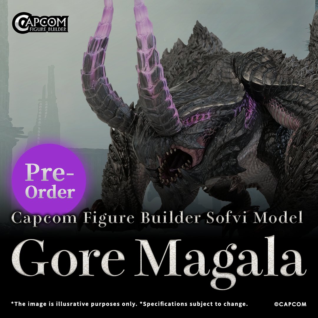 monsterhunter's tweet photo. The Capcom Figure Builder Sofvi Model Gore Magala is available to pre-order! With advanced soft vinyl molding &amp; painting techniques, it has varying textures on each part from head to claws!

🟣 https://t.co/lZlilJDUX7 

*To avoid risk of Frenzy Virus, do not lick the Gore Magala. https://t.co/a5NtirTTvY