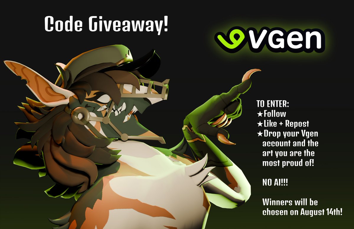 staggsrt's tweet photo. 2X VGEN CODE GIVEAWAY!

TO ENTER:
★ Follow
★ Like + Repost
★ Drop your Vgen 
    account and the 
    art you are the 
    most proud of!

    NO AI!!! 

 ★  Winners will be chosen on August 14th! ★
#VgenCode #VGenCodeGiveAway #vgen #vgengiveaway #vgencomms #furryartㅤㅤㅤ https://t.co/LEdZtz8Du3