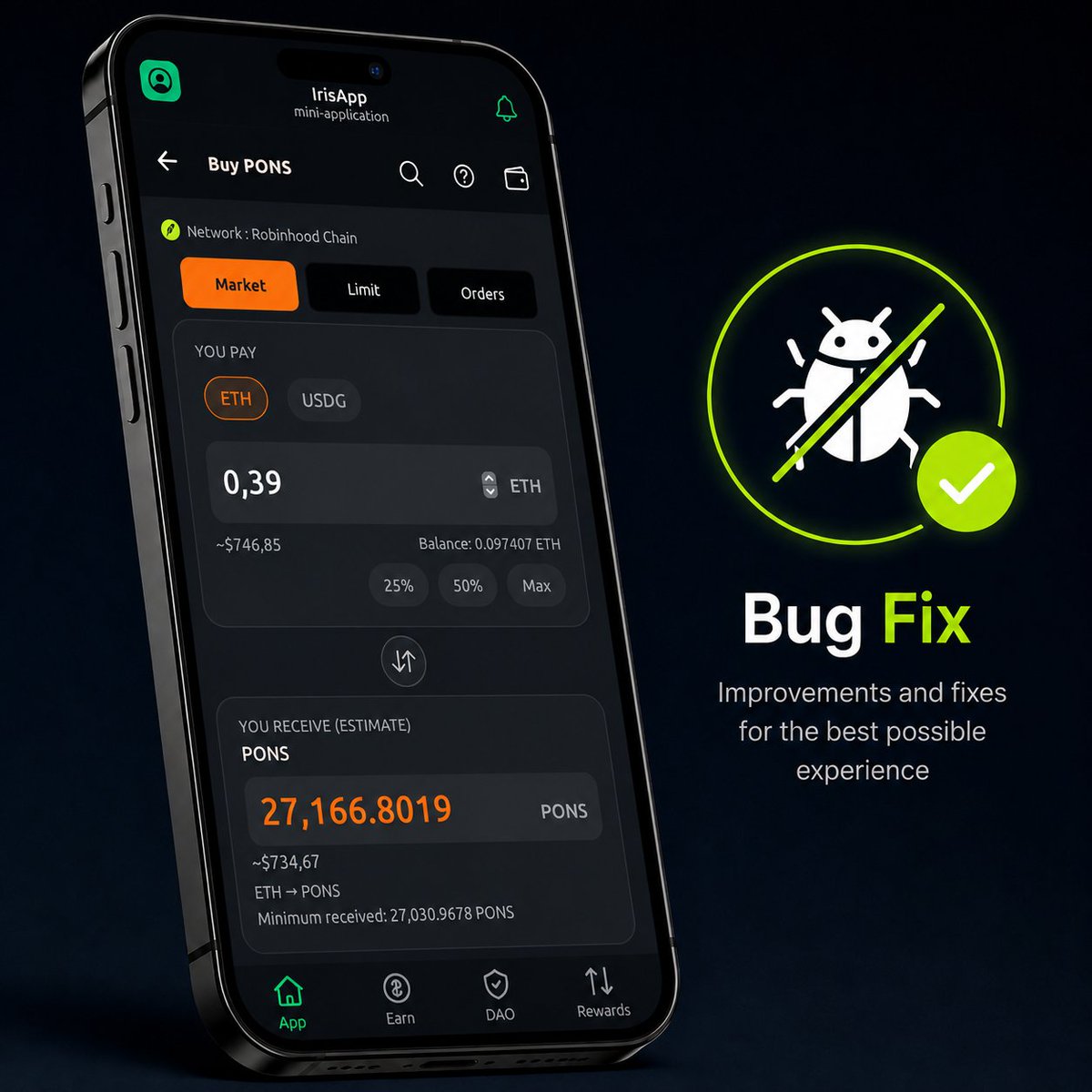 Iris_token's tweet photo. Some users experienced a bug when opening the app that required them to reload the page. 
✅ This issue has now been fixed.

If it happens again, please report it in our Telegram group so we can investigate it.

We've also improved the user experience in the Swap section.

You can now:

💵 Instantly see the USD value of everything you're swapping.

⚡ Use 25% / 50% / Max shortcuts to quickly choose how much you want to swap.

We continue to improve IrisApp every day. Thank you for all your feedback.
