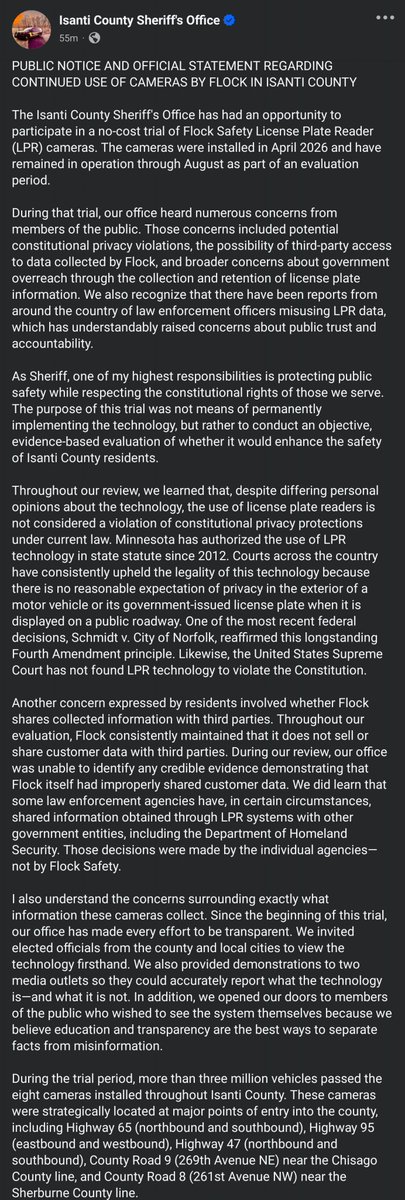 JeremiahSedler's tweet photo. Isanti County just announced that they will not go forward with Flock after the trial period ends. 
"I am making the decision to step away from this technology" Wayne Seiberlich
@cicero_mn @MichaelH_MN @GrageDustin https://t.co/x0HyFbaOCg