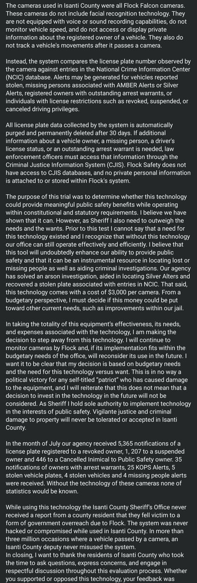 JeremiahSedler's tweet photo. Isanti County just announced that they will not go forward with Flock after the trial period ends. 
"I am making the decision to step away from this technology" Wayne Seiberlich
@cicero_mn @MichaelH_MN @GrageDustin https://t.co/x0HyFbaOCg