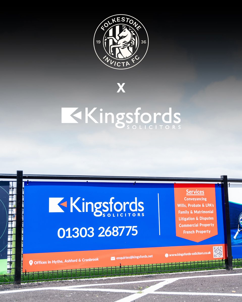 Kingsfords1880's tweet photo. Everybody at Kingsfords Solicitors will be cheering on newly promoted Folkestone Invicta FC this season.

They open their account at home to Walton &amp; Hersham this Saturday. 

We’re hoping that our new pitch side Ad brings them extra luck and more importantly goals galore! https://t.co/4Qsap8aCUh