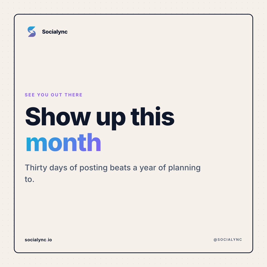 Socialync_io's tweet photo. Planning season is over. Thirty days of showing up beats a year of getting ready. See you on the feed. ✨ #showup #creatormindset #contentcreator #consistency #socialmediatips https://t.co/uXyBchhtIS