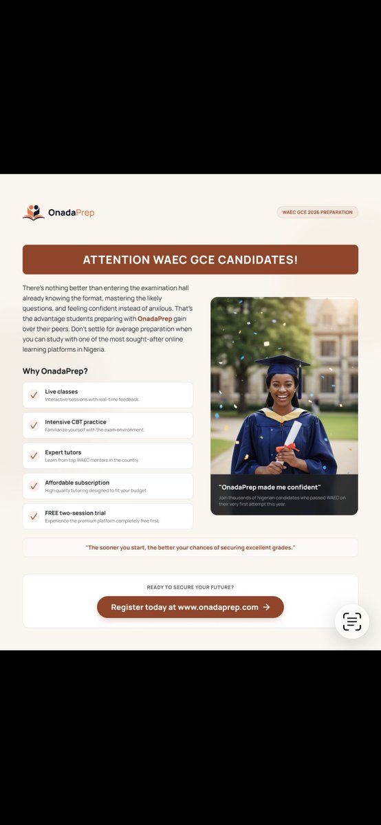 OnadaPrep's tweet photo. WAEC GCE CANDIDATES! π’
Prepare smarter with OnadaPrep.
β
Live classes
β
CBT practice
β
Expert tutors
β
FREE 2-session trial
Register now: https://t.co/IoF5in2S8s
#WAECGCE2026 #OnadaPrep #StudySmart #PassWAEC https://t.co/iCdfslwGS7