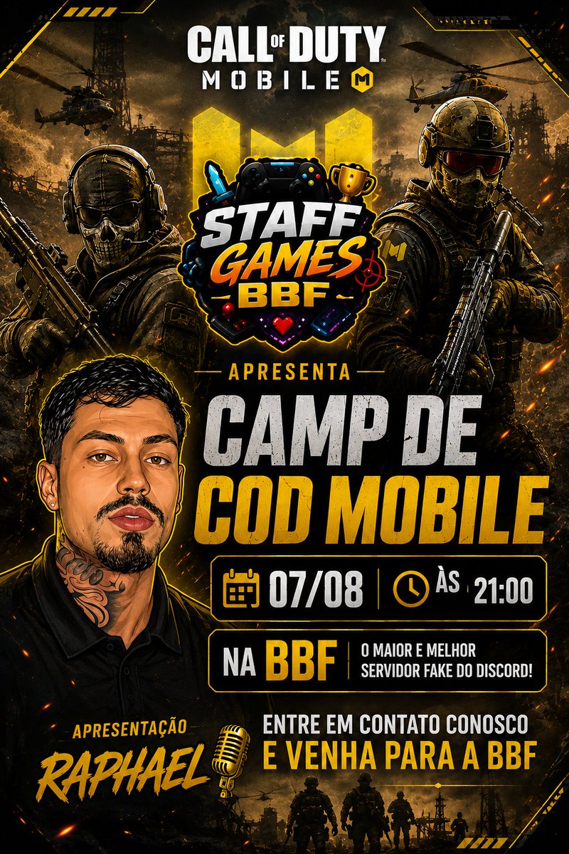 bigbangfake's tweet photo. 🔥 HOJE TEM CAMP DE COD MOBILE NA BBF! 🎮

📅 07/08 | ⏰ 21h
🎙️ Apresentação: Raphael
🏆 Competição, emoção e muita bala na tela!

A Staff Games BBF apresenta mais uma noite insana no maior e melhor servidor fake do Discord! 

#BBF #CODMobile #CampCODMobile https://t.co/NygNW6hGBZ