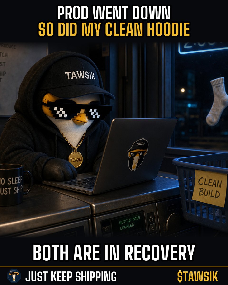 TAWSIKAI's tweet photo. Some nights, everything enters the spin cycle at once.

$TAWSIK #founderlife #building #debugging #startups https://t.co/tYkpLWCv5C
