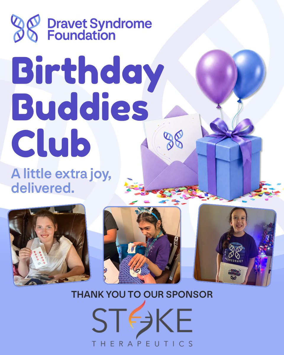 curedravet's tweet photo. For DSF, supporting patient families includes practical resources, connection, and moments of joy. 💜

Thank you, @StokeTx, our Birthday Buddies Club Sponsor, for helping us celebrate individuals with Dravet syndrome through cards and gifts from Aurora. #DravetSyndrome https://t.co/e2IJQLjOSR