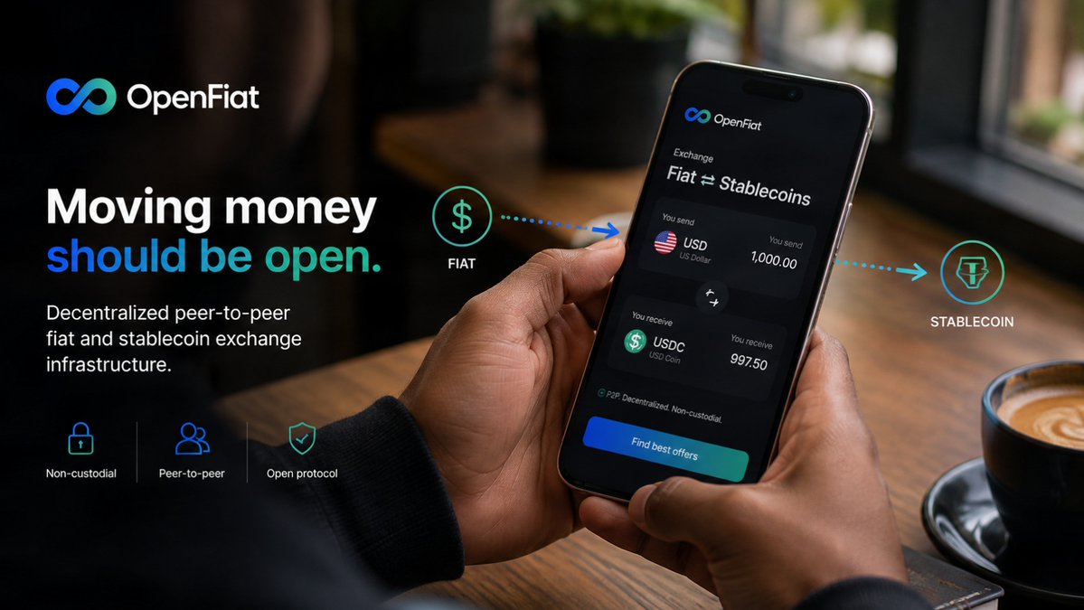 openfiat's tweet photo. Why is moving between fiat and stablecoins still dependent on centralized marketplaces?

Crypto introduced decentralized money.

Yet when people want to exchange between local fiat currencies and stablecoins, they still rely on centralized platforms to coordinate the marketplace.

That means one operator controls how the marketplace functions.

We think there's a better way.

OpenFiat is building an open-source protocol for decentralized peer-to-peer fiat and stablecoin exchange.

Not another marketplace.

A protocol designed to make decentralized marketplaces possible.

This is where our journey begins.