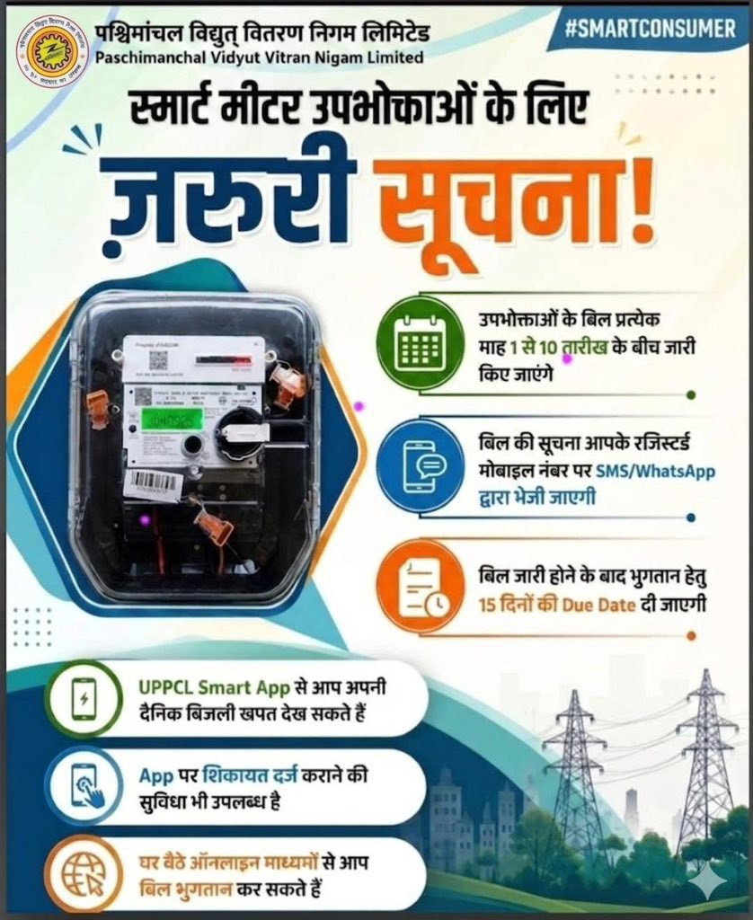 pvvnlbulandshr's tweet photo. स्मार्ट मीटर उपभोक्ताओं हेतु जरूरी सूचना बिल की जानकारी SMS/WhatsApp पर प्राप्त करें, #UPPCL_Smart_App से खपत देखें एवं घर बैठे ऑनलाइन भुगतान करें। #SmartMeter #UPPCL #SmartConsumer ⚡📷
@aksharmaBharat
@UppclChairman
@mduppcl
@MdPvvnl
@UPPCLLKO
@1912PVVNL
@Emofficeup https://t.co/CC9IA5bP0c