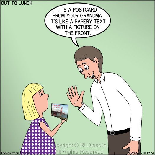 Cartoonist_Rich's tweet photo. Out to Lunch Cartoon - Postcard Explanation - https://t.co/jYCbzkjYDm #otl #cartoon #snailmail #postcard #outdated #cafepress https://t.co/Jg1R9Qed1U