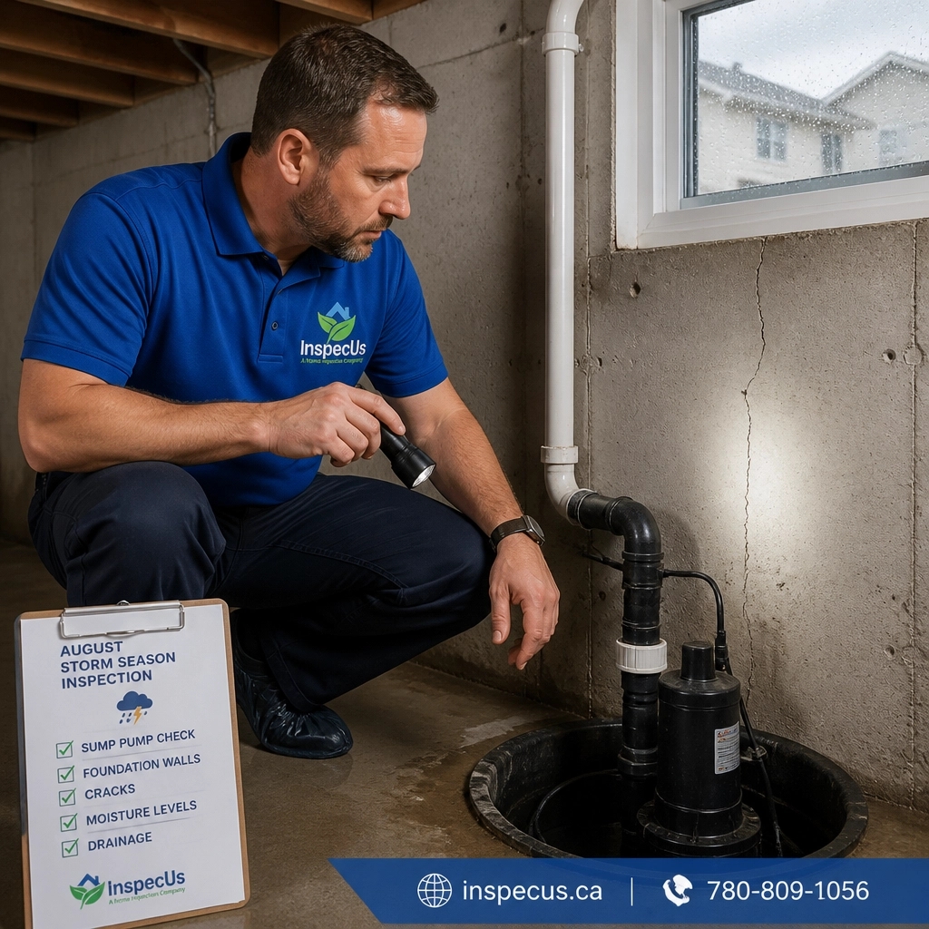 InspecUs's tweet photo. Edmonton storms are unpredictable! Test your sump pump, extend downspouts, and check foundation cracks now. Protect your home today! 780-809-1056 #Edmonton #HomeInspection #StormPrep https://t.co/VlXdJA1xBq