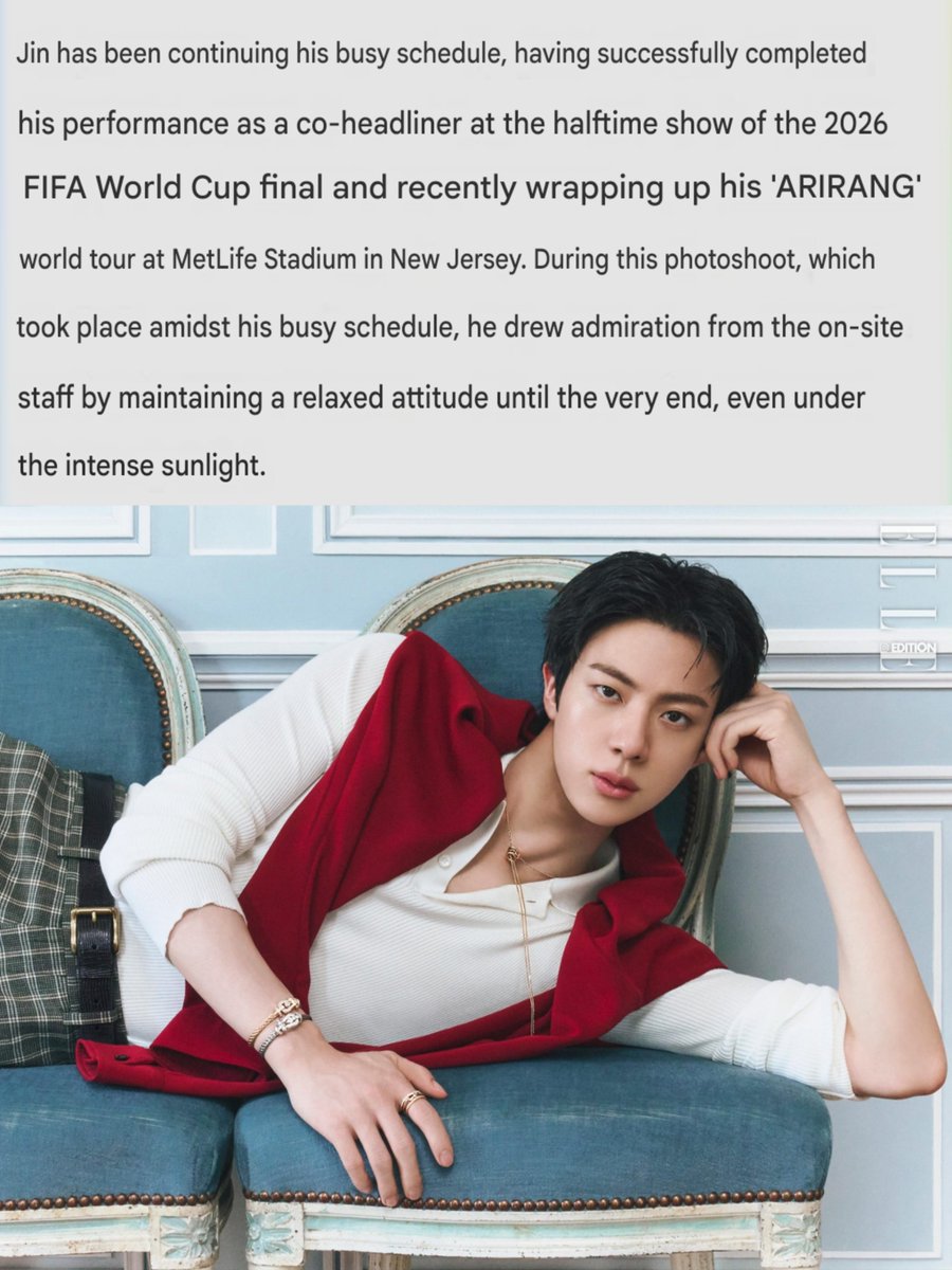 kore__1992's tweet photo. It was blazing hot, the photoshoot was squeezed in between concert stops when he should be resting, he had to change several outfits, move between sets in the heat yet he kept his positive attitude and won the admiration of everyone on set. 🤌
#JIN #방탄소년단진 #진 #BTSJIN https://t.co/zWTPq7zP3L