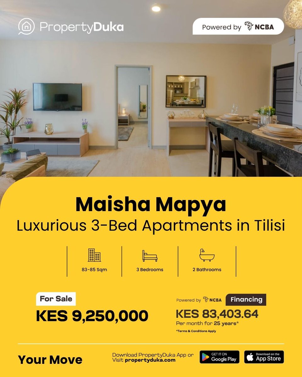 PropertyDukaKe's tweet photo. Modern comfort, secure living, family-ready. 🏡✨
3BR apartment | Pool, gym &amp; playground | Garden views | CCTV security | Parking + water storage
KES 9.25M cash | From KES 83,403/mo (25yrs)
3BR/2BA | Tilisi, Limuru
https://t.co/V1RoUkj7TG
#PropertyDuka #YourMove https://t.co/H7hQDcYrkm