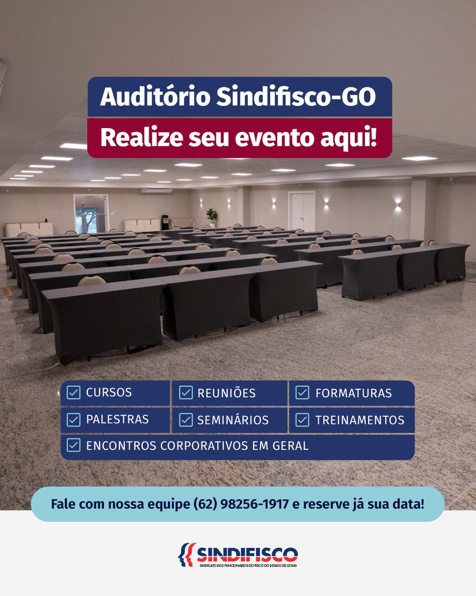 sindifiscogo's tweet photo. O Sindifisco-GO disponibiliza seu auditório para locações para eventos como palestras, seminários, treinamentos e cursos.

Nosso espaço conta com infraestrutura completa e associados têm acesso a condições especiais para locações. 

Fale conosco e saiba mais: (62) 98256-1917 https://t.co/Bq6As24XEO