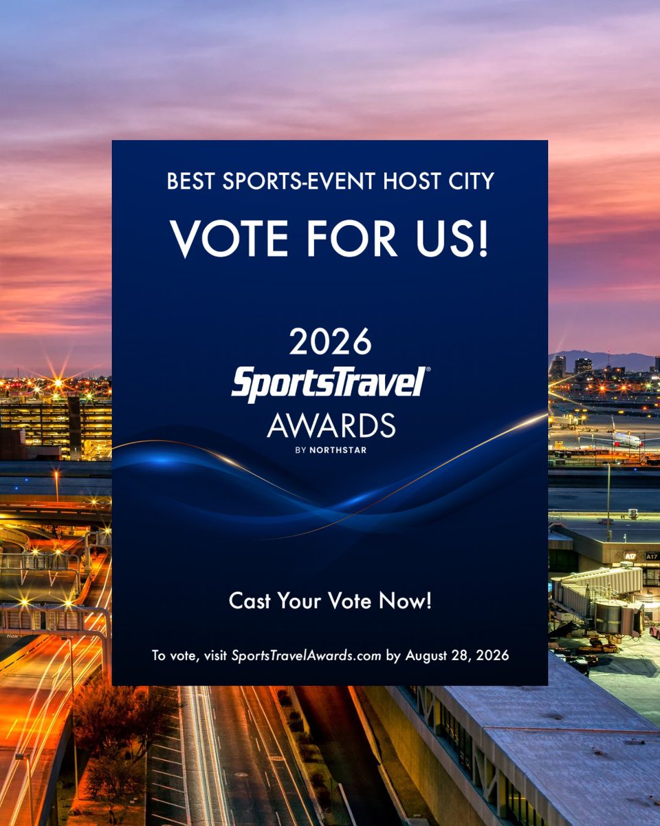 CityofPhoenixAZ's tweet photo. Vote for PHX! 📣

Phoenix has been nominated by the readers of SportsTravel and is a finalist for a 2026 SportsTravel Award in the category of Best Sports Host City!

Voting is open through August 28, 2026.

🔗 https://t.co/EsGzCC9D3a https://t.co/QgU94F6z5L