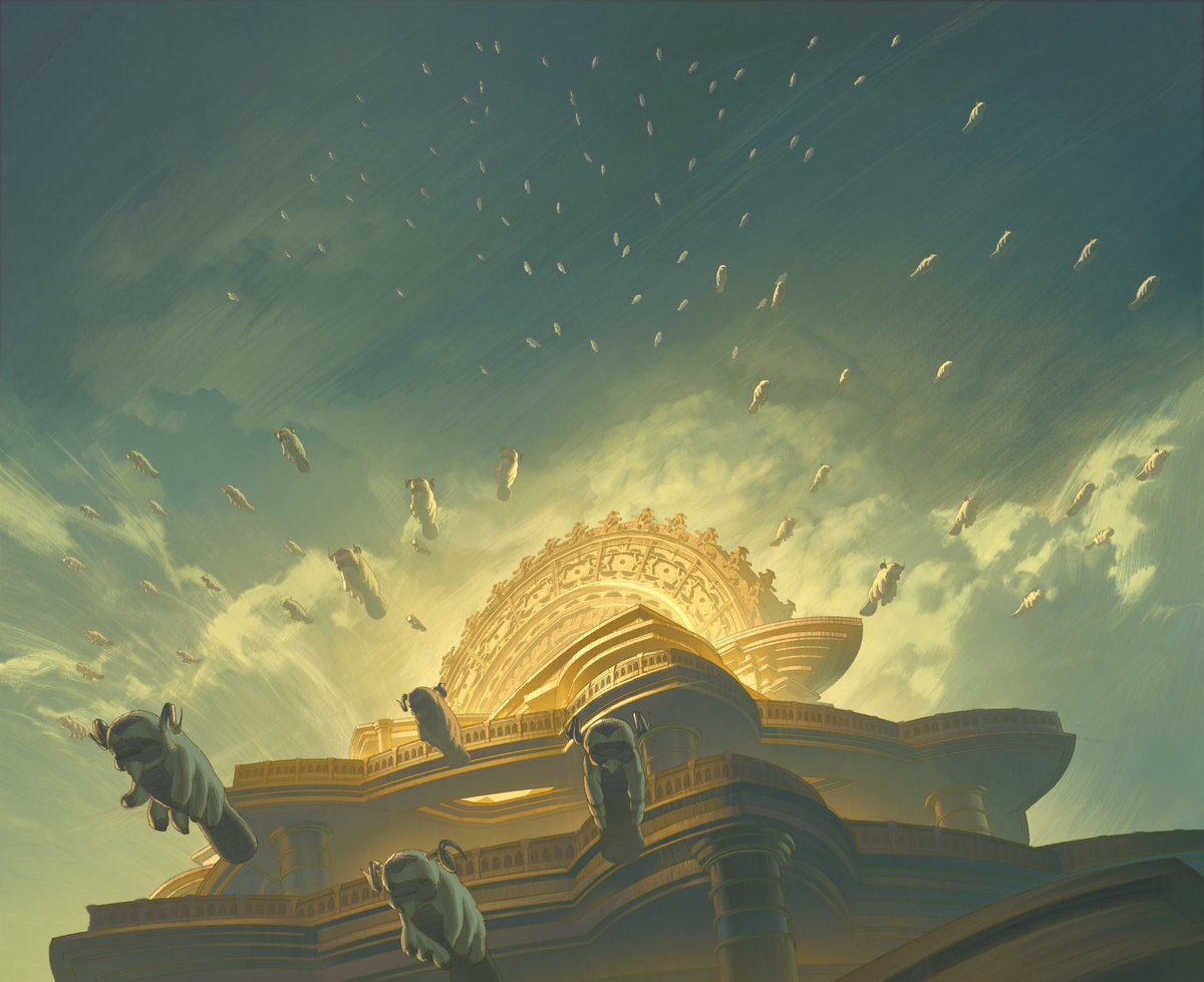 Chuwenjie's tweet photo. I made this painting for Avatar Aang, depicting the oncoming end of Sonam’s Airbender civilization. https://t.co/VFETiq3Sma