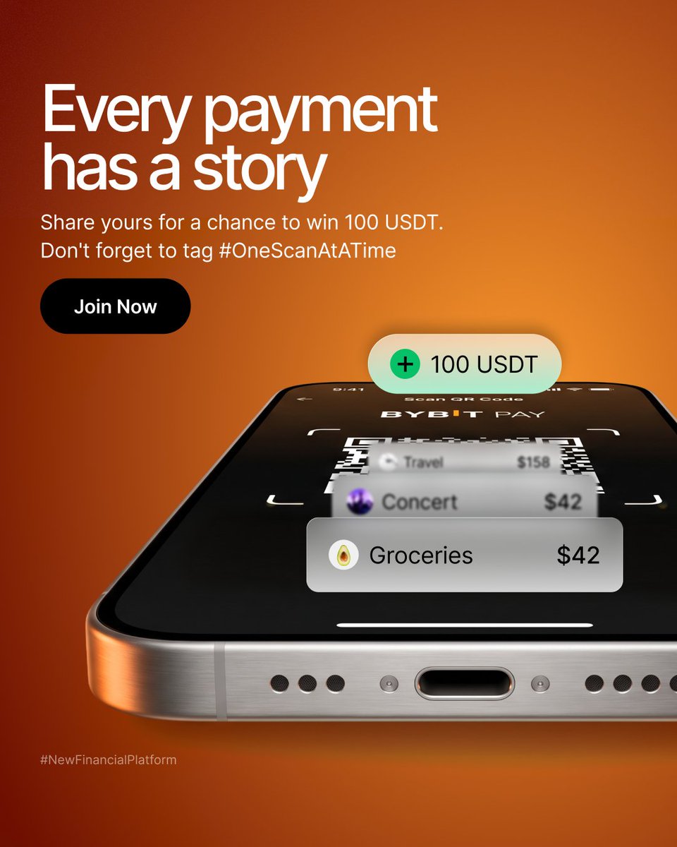 Bybit_Official's tweet photo. Every payment has a story. Share yours for a chance to win 100 USDT 👀

How to enter:

▶️ Use Bybit Pay
▶️ Post a screenshot, photo or video
▶️ Tag #OneScanAtATime and follow @Bybit_Official

Two winners every week, with 100 USDT each 🎉

Available in eligible regions only. T&Cs apply: https://t.co/3SlnY37gWx

#Bybit #NewFinancialPlatform