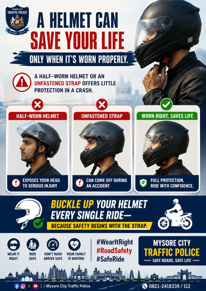 AcpMysuru's tweet photo. A helmet can save your life only when it's worn properly.
A half-worn helmet or an unfastened strap offers little protection in a crash. Buckle up your helmet every single ride—because safety begins with the strap.

#WearItRight #RoadSafety #mysorecity TrafficPolice #SafeRide https://t.co/bxsrxOEGZW