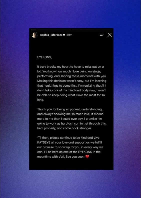 PopBase's tweet photo. KATSEYE’s Sophia will be taking a temporary hiatus to prioritise her mental health and well-being. https://t.co/tWry9Ha7qa