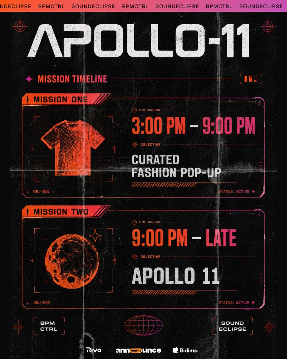bpmctrl's tweet photo. APOLLO 11 lands this Saturday.

Come for the Fashion Market. Stay for the rave. https://t.co/qGQbjuEMj0